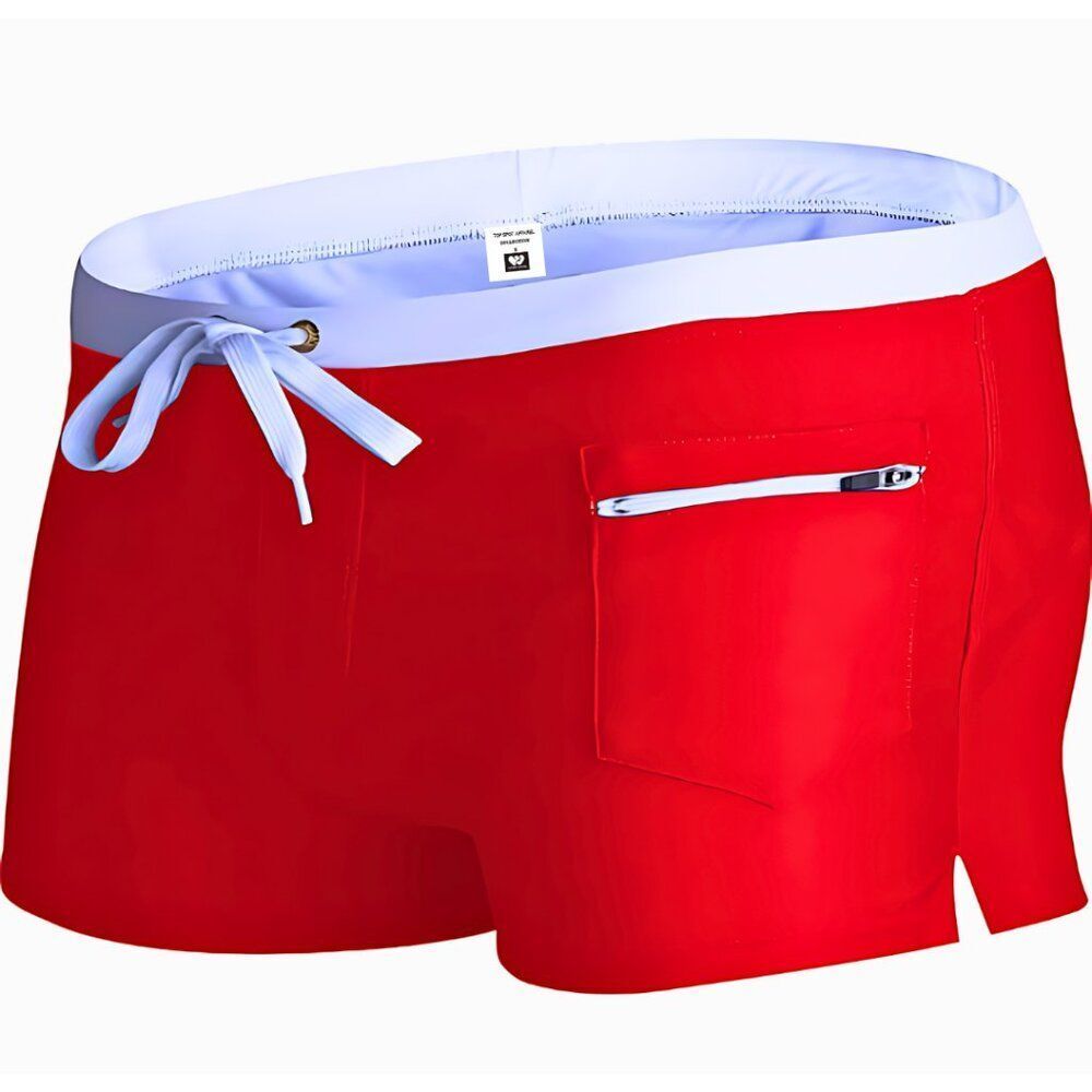 Men's Sexy Swim Trunks Front Pocket Resort Swimwear Red L - Picture 2 of 2